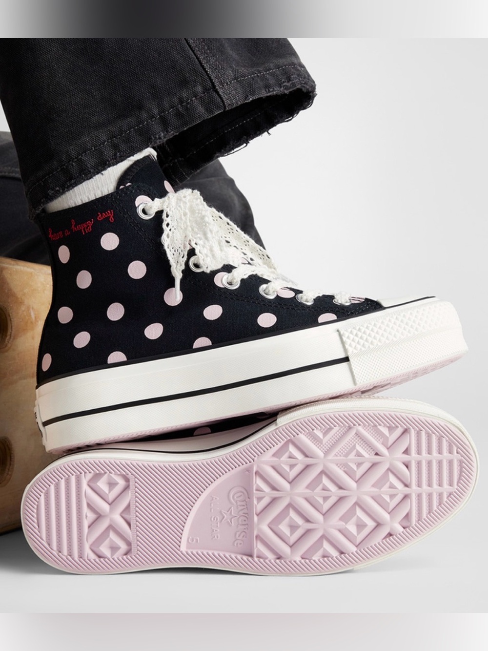 Converse Platform High-Top Black with Pink Polka Dots NWOT